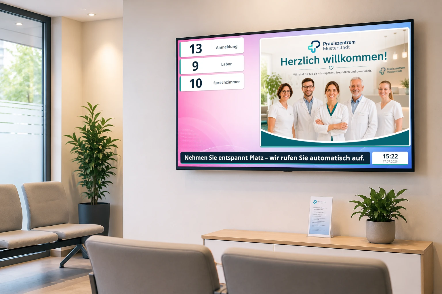 SmartKiT Wartebildschirm mit Aufrufliste und Videobereich